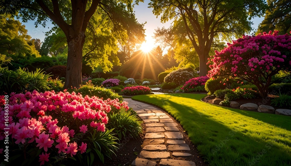 Fototapeta premium Sunrise in a vibrant garden