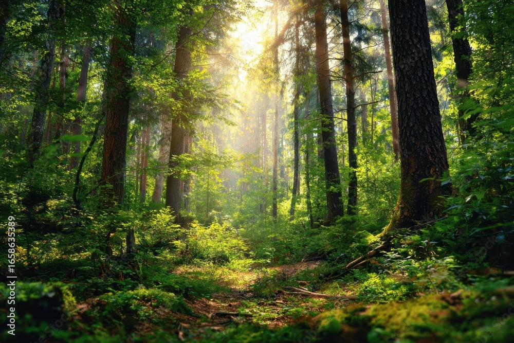 Fototapeta premium Sunlight filtering through a lush green forest illuminating the vibrant flora and creating a peaceful atmosphere in a natural setting