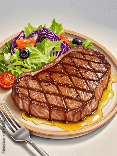 Hand-drawn cartoon food, steak, exquisite oil paint-style vector illustrations