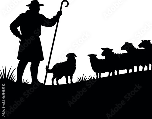 Silhouette of a Shepherd with Sheep and Dog on a Hillside Symbolic Rural Pastoral Scene Monochrome Graphic