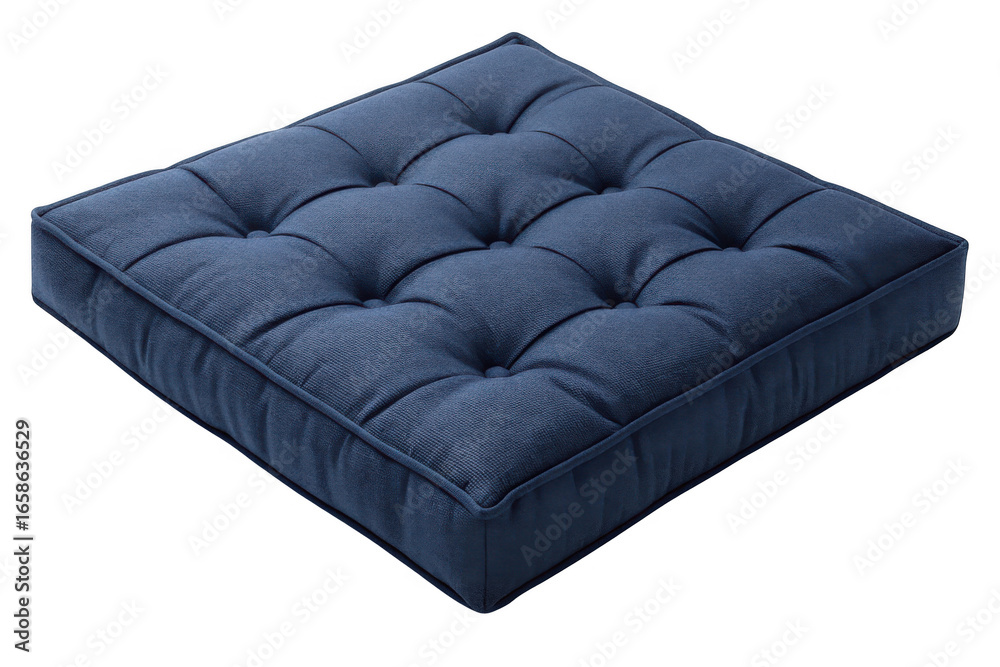 Obraz premium Dark blue tufted square floor cushion isolated on transparent background