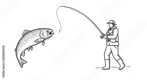Fisherman Catching a Fish Line Art Illustration of Angler with Fishing Rod and Trout Black and White Silhouette