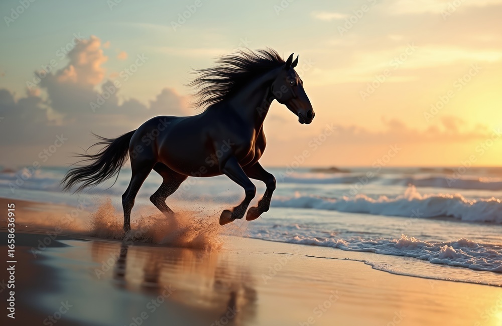 Fototapeta premium Powerful black horse gallops along beach at sunset. Sunlight reflects on sea and sand as horse mane and tail flow. Water splashes, creating energy and sense of freedom.