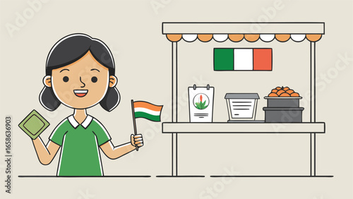 Girl holding flag at market stall with products