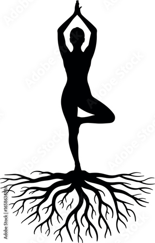 Tree Pose Yoga Silhouette with Roots Grounding and Balance for Wellness and Fitness Meditation Practice
