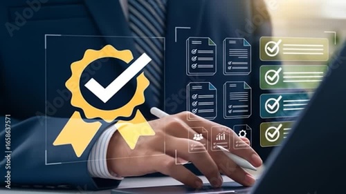 Businessperson interacting with digital checklists and a quality seal