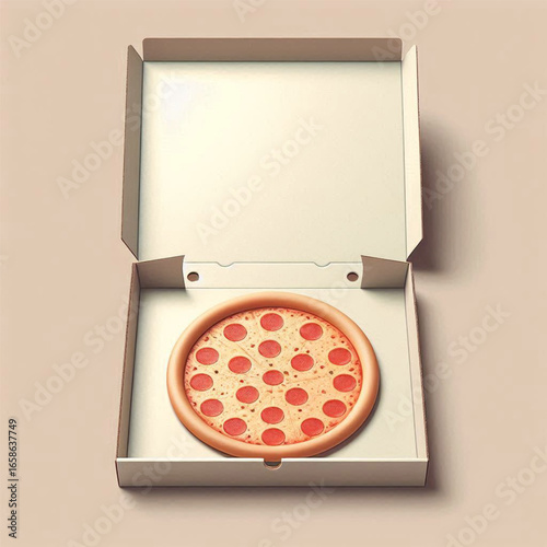 A freshly baked pepperoni pizza in an open delivery box on a neutral background