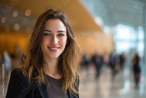 Free Download Corporate representative smiles confidently at a business event in a modern convention center during daytime networking hours - GFXLoad