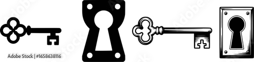 Antique keys and keyholes in black and white lock vintage