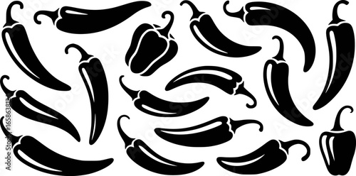 Assorted chili peppers black silhouette hot peppers capsicum