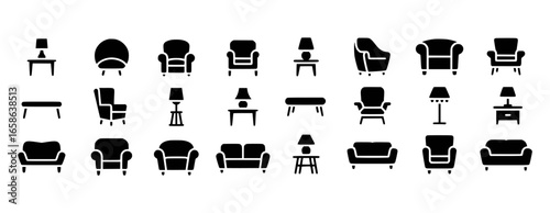 Assortment of black furniture icons including sofas armchairs tables and lamps vector
