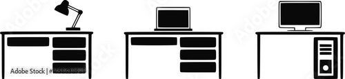 Black and white illustration of three desks with office equipment table computer