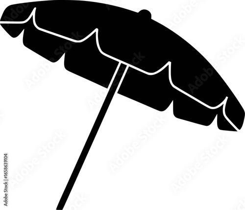 Black beach umbrella with white trim and pole shade sun protection