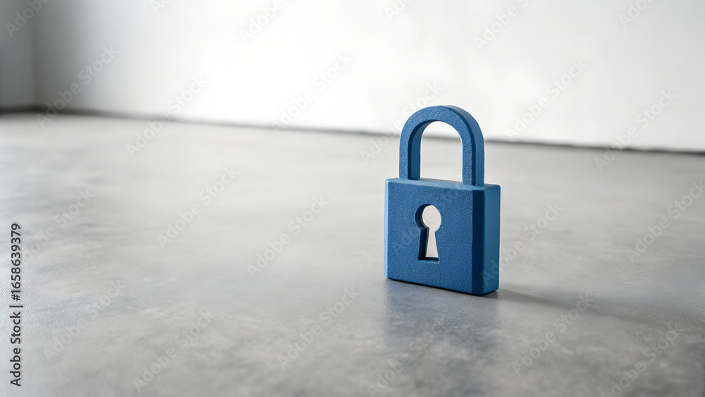 Fototapeta premium Blue padlock standing on gray concrete floor in minimal studio lighting symbolizing safety, privacy, protection, access control, security system and digital data safeguarding concept 
