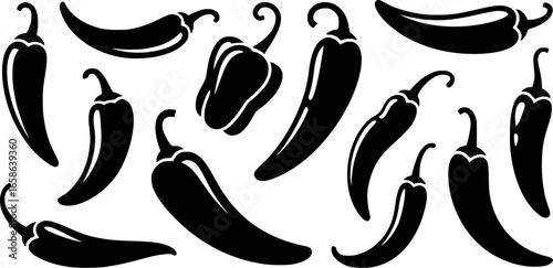Black chili peppers and bell pepper silhouettes food