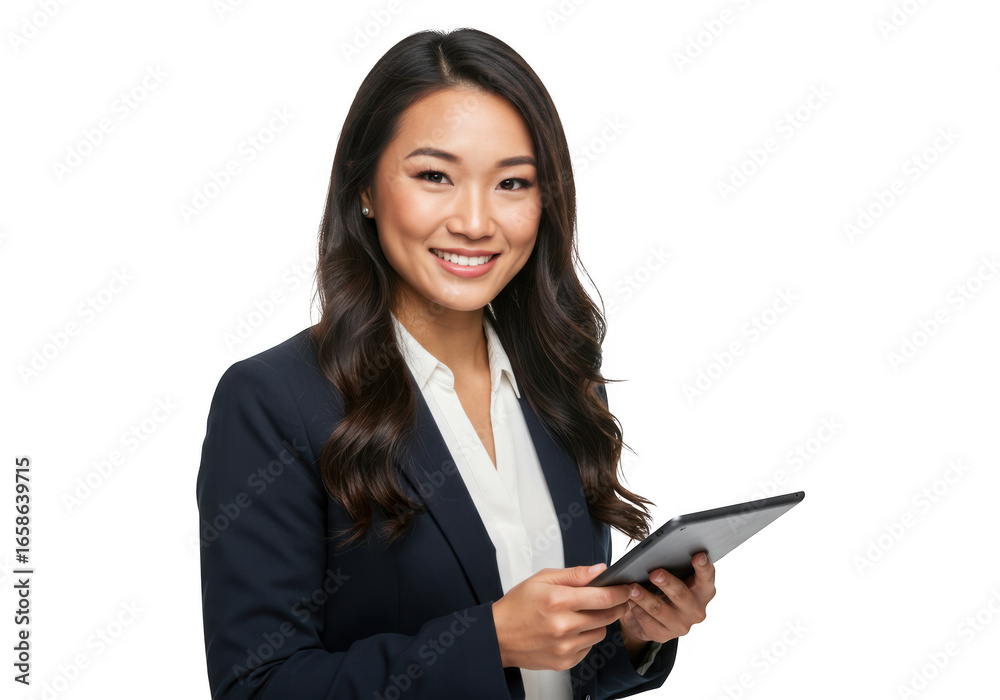 Smiling asian woman holding tablet isolated on transparent background Smiling asian woman holding tablet isolated on transparent background