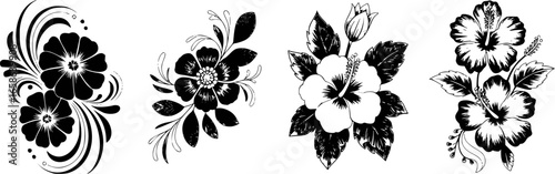 Black floral designs with hibiscus and swirling leaves swirls decorative