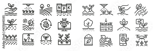 Collection of agricultural icons representing modern farming techniques and practices for sustainable crop management