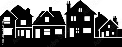 Black silhouette of diverse houses with windows and chimneys buildings architecture