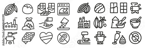 Collection of icons representing chocolate production processes, from bean to finished products, in a minimalistic design