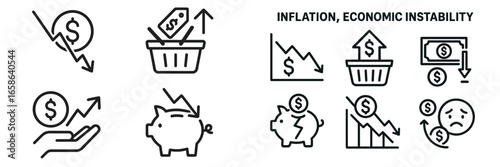 Economic instability and inflation trends illustrated through various financial icons