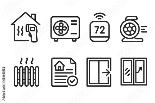 Various symbols representing heating and cooling systems in a home environment with temperature controls and maintenance icons