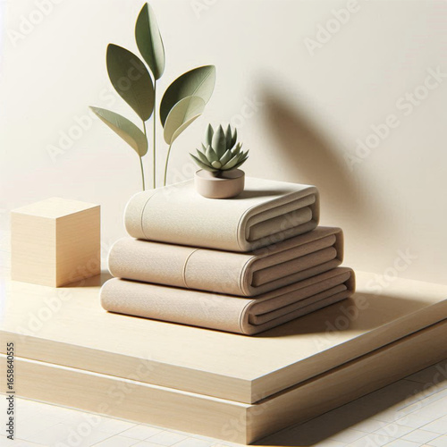 A serene arrangement of neatly stacked towels on a minimalist wooden platform with a potted plant