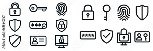 Collection of security icons displaying different aspects of digital protection and authentication methods