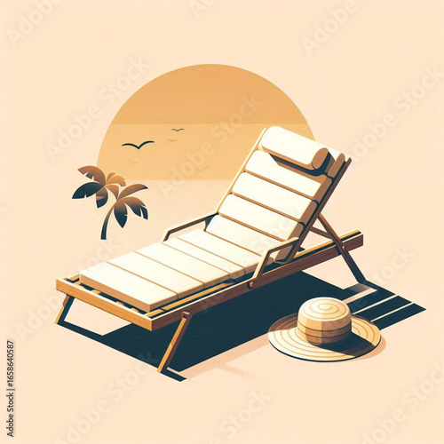 A serene beach scene featuring a sun lounger and straw hat with a sunset backdrop