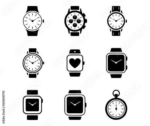 Collection of assorted timepieces and smartwatches clock wristwatch