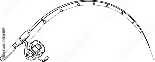 Curved fishing rod with reel and line tackle