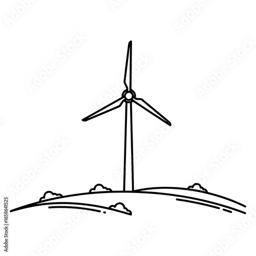 Line art of a wind turbine generating electricity using wind power. Ideal for graphics related to renewable energy, sustainable technology, and environmentally friendly solutions.