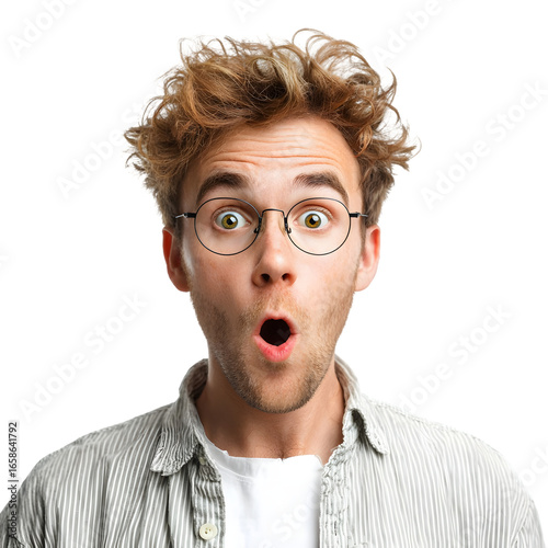 Young man with messy hair and glasses, wearing a striped shirt, with a shocked and surprised expression, mouth open in disbelief, isolated on transparent background
