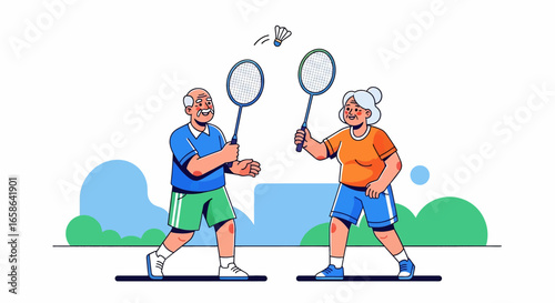 Happy senior couple playing badminton together, enjoying active lifestyle, fitness, and fun exercise in retirement, promoting health, bonding, and energetic elderly activities