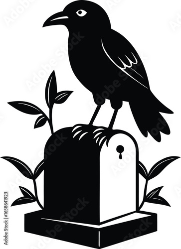 Monochrome Illustration of a Crow Perched on a Grave With Plants Expressing Symbolic Mystery and Somber Remembrance