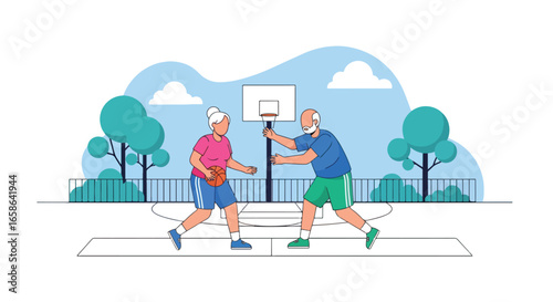 Active senior couple playing basketball together outdoors, enjoying fitness, fun, teamwork, and healthy lifestyle during retirement in a park sports court with nature background