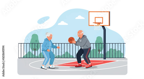 Active senior couple playing basketball together outdoors, enjoying fitness, fun, teamwork, and healthy lifestyle during retirement in a park sports court with nature background