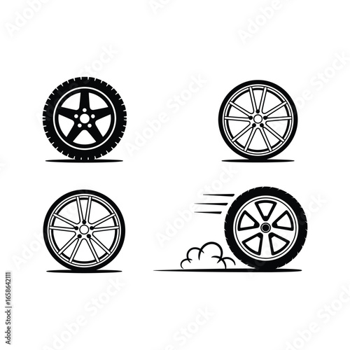 Collection of four stylized car wheels and tires