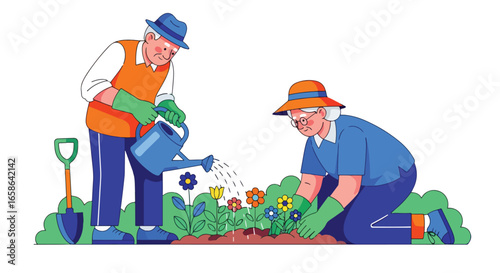 Elderly couple gardening together, planting flowers and watering plants with joy. Senior lifestyle activity promoting health, relaxation, teamwork, and outdoor wellness