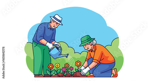 Elderly couple gardening together, planting flowers and watering plants with joy. Senior lifestyle activity promoting health, relaxation, teamwork, and outdoor wellness