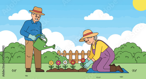 Elderly couple gardening together, planting flowers and watering plants with joy. Senior lifestyle activity promoting health, relaxation, teamwork, and outdoor wellness
