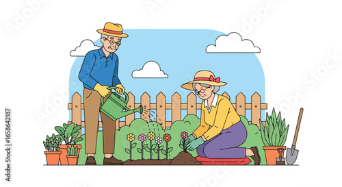 Elderly couple gardening together, planting flowers and watering plants with joy. Senior lifestyle activity promoting health, relaxation, teamwork, and outdoor wellness