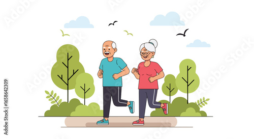 Senior couple jogging together in the park, enjoying healthy outdoor exercise and active lifestyle. Elderly fitness, wellness, and happiness in retirement years