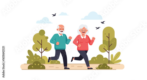 Senior couple jogging together in the park, enjoying healthy outdoor exercise and active lifestyle. Elderly fitness, wellness, and happiness in retirement years