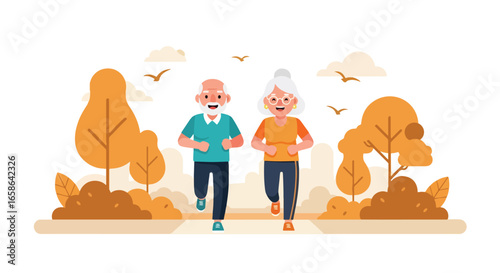 Senior couple jogging together in the park, enjoying healthy outdoor exercise and active lifestyle. Elderly fitness, wellness, and happiness in retirement years