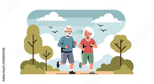 Senior couple jogging together in the park, enjoying healthy outdoor exercise and active lifestyle. Elderly fitness, wellness, and happiness in retirement years