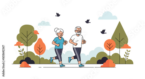 Senior couple jogging together in the park, enjoying healthy outdoor exercise and active lifestyle. Elderly fitness, wellness, and happiness in retirement years