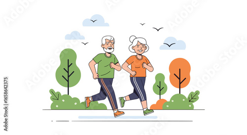 Senior couple jogging together in the park, enjoying healthy outdoor exercise and active lifestyle. Elderly fitness, wellness, and happiness in retirement years