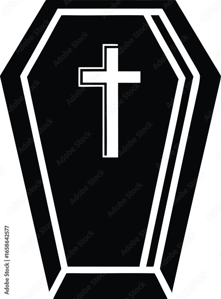 Fototapeta premium Stylized Coffin Silhouette with Prominent Cross Graphic and Bold Outline Design for Memorial or Religious Themes