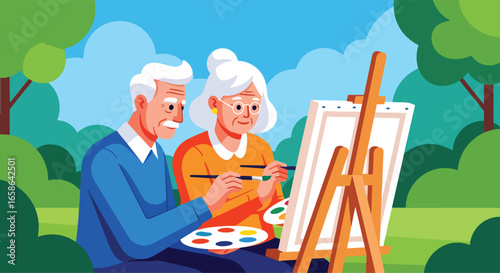 Elderly couple painting together outdoors, enjoying creative art activities in retirement. Senior hobby promoting relaxation, bonding, happiness, and active aging lifestyle